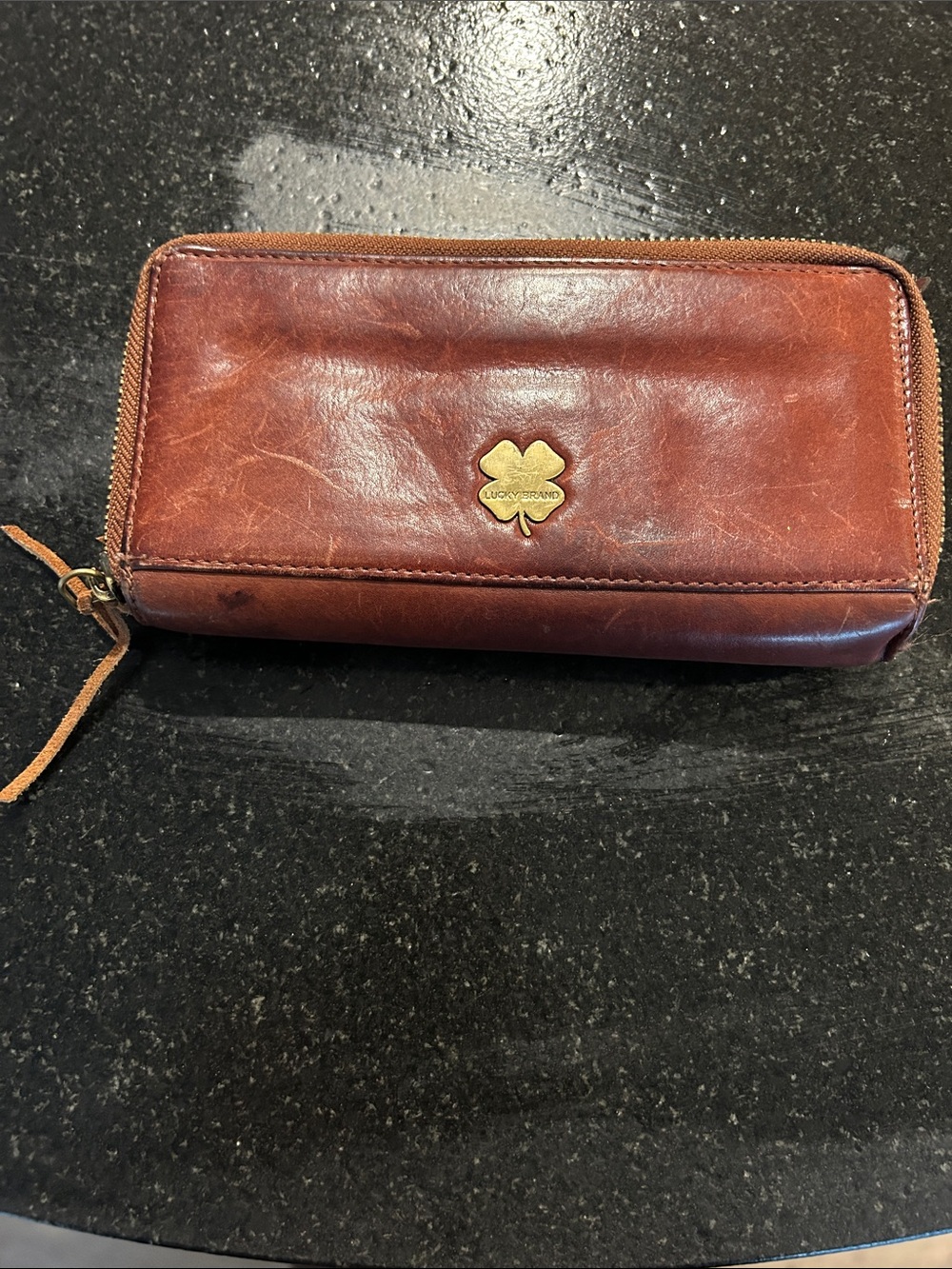 Lucky Brand Brown Leather Zip-Around Wallet with Clover Emblem
